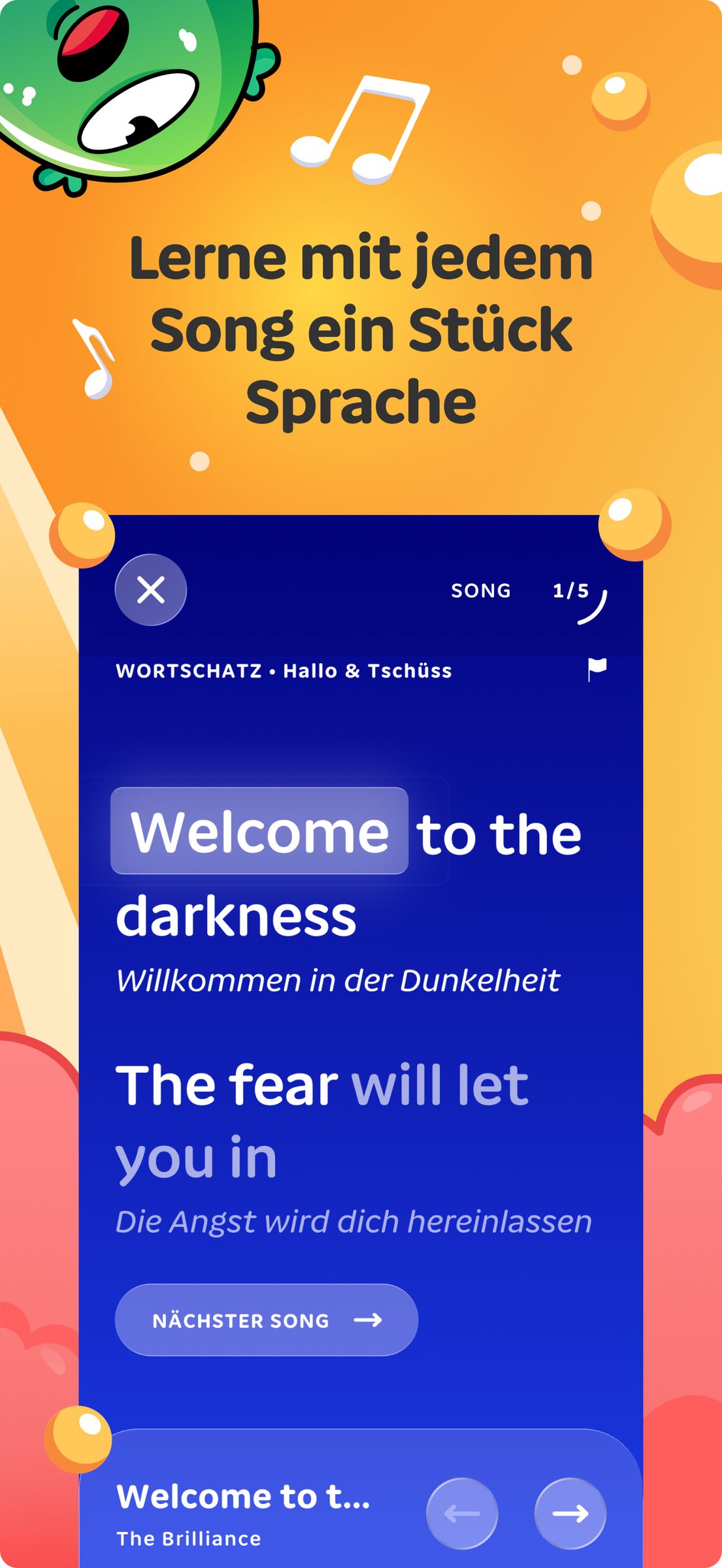 App-Store-Bild: Songzeilen mit hervorgehobenem Wort und Übersetzung