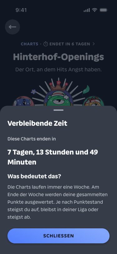 Bottom Sheet zur verbleibenden Zeit der Chart-Woche, dunkel