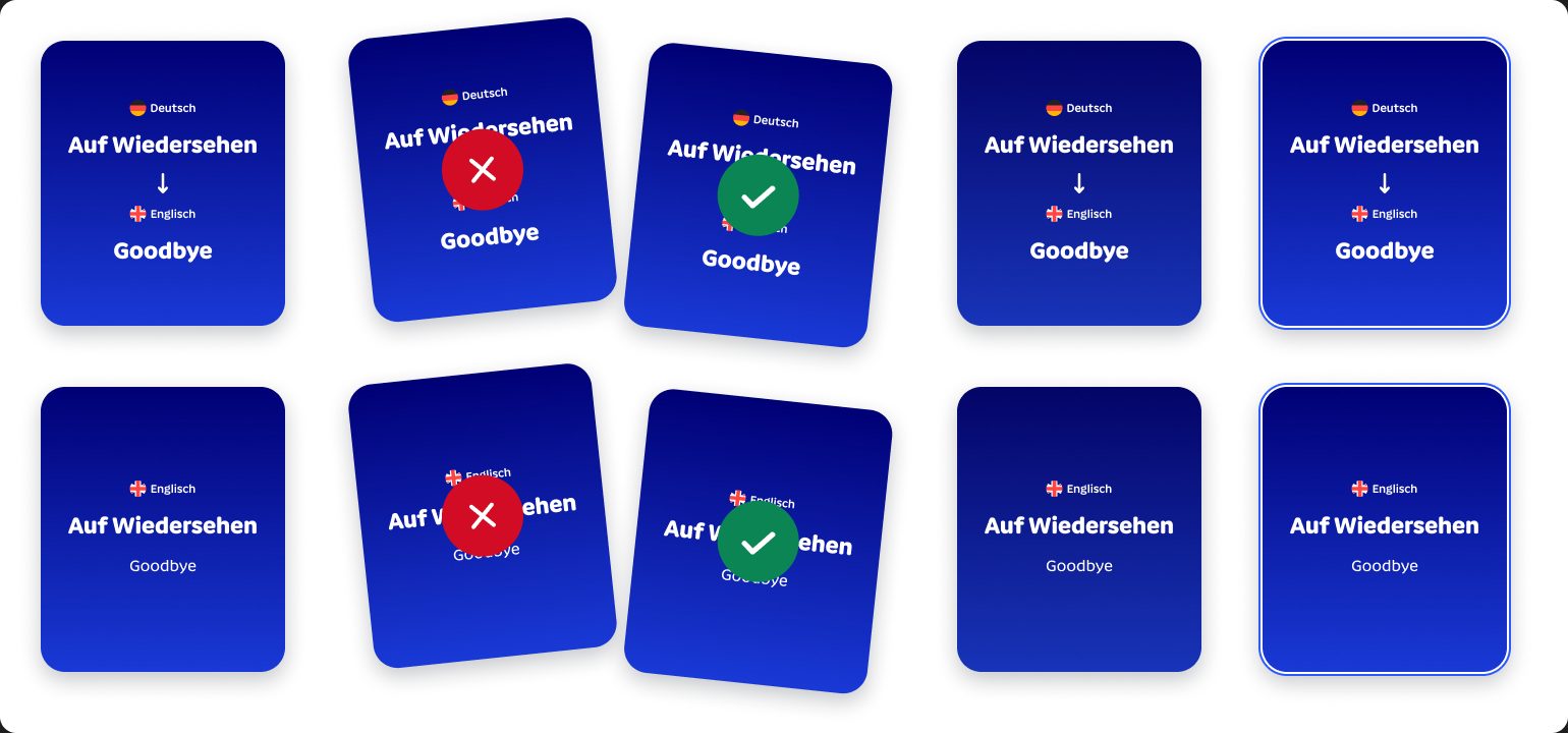 Varianten der Swipe Card aus der Bibliothek: Standard, falsch, richtig, gedrückt und Fokus