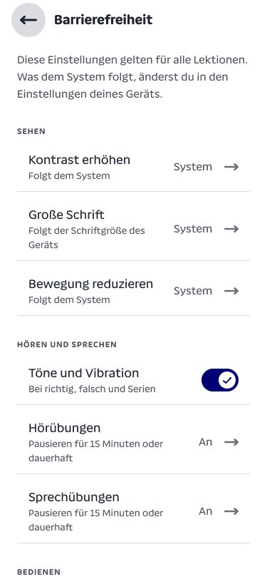 Einstellungen Barrierefreiheit: Kontrast, große Schrift, Bewegung, Töne und Übungen