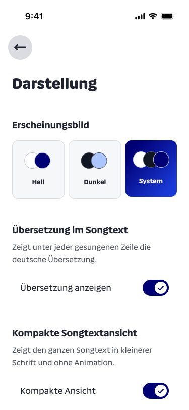 Einstellungen Darstellung: Hell, Dunkel, System, Übersetzung im Songtext, kompakte Ansicht