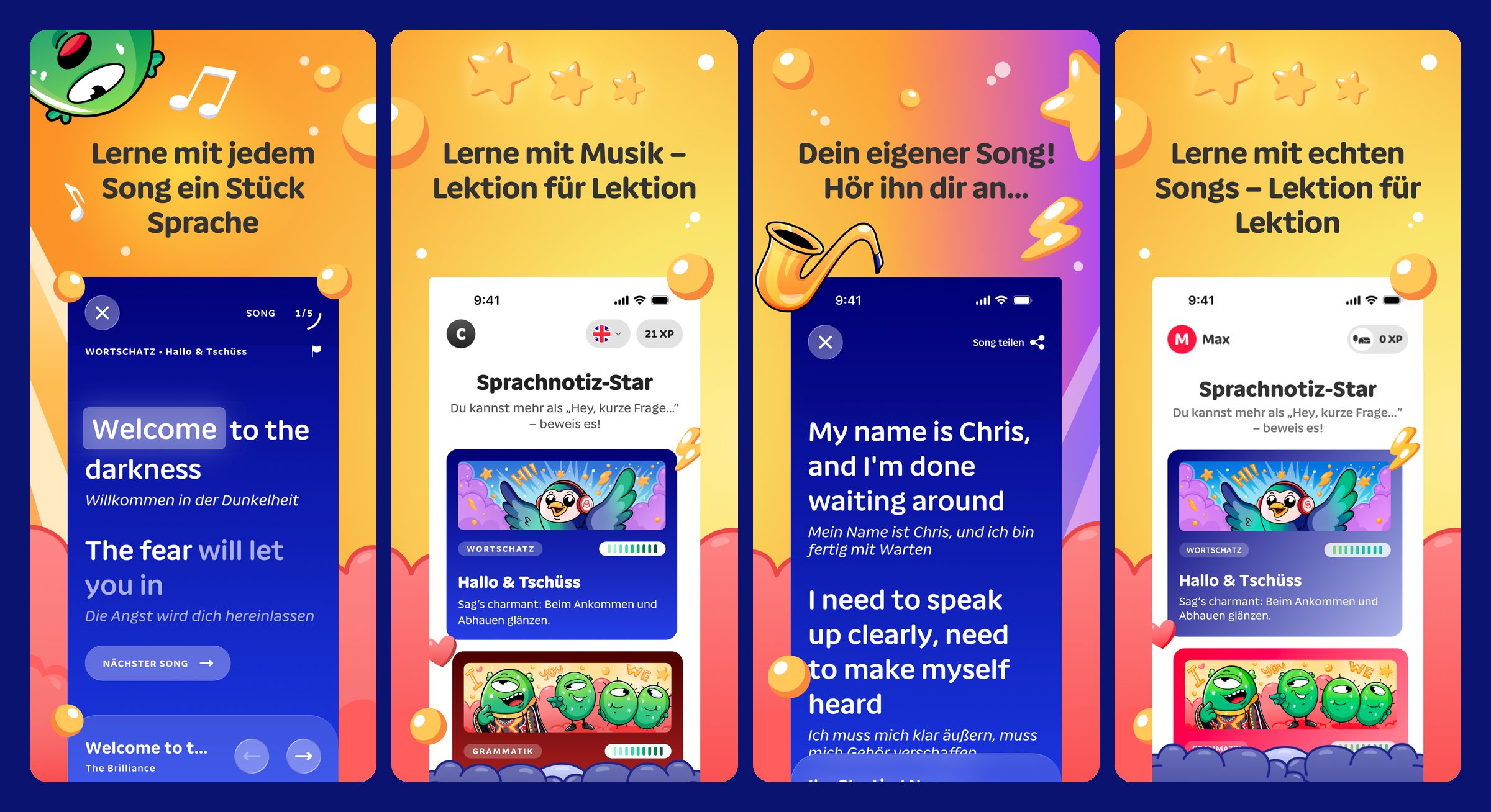 Vier App-Store-Bilder von Beatlery: Songtext mit Übersetzung, Karriereseite, eigener Song