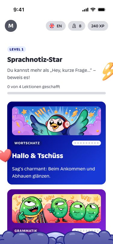 Karriereseite im ersten Level Sprachnotiz-Star