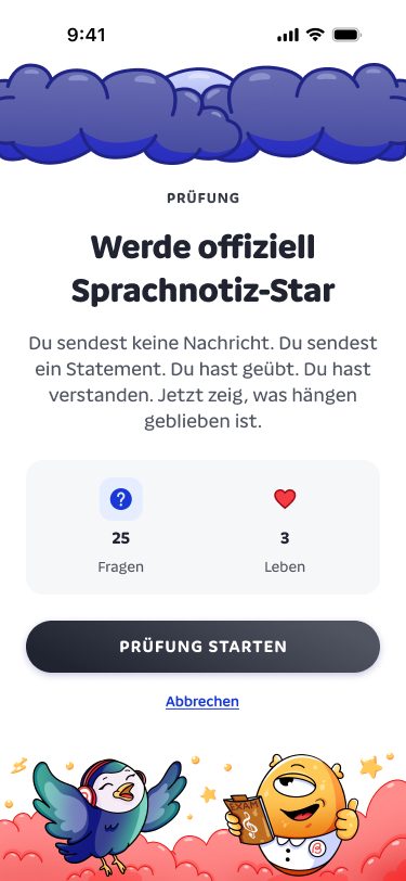 Start der Prüfung mit 25 Fragen und 3 Leben