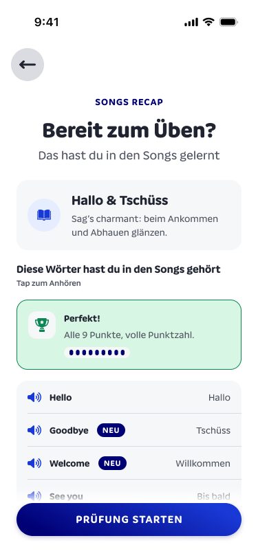 Rückblick auf die Wörter aus den Songs vor dem Üben