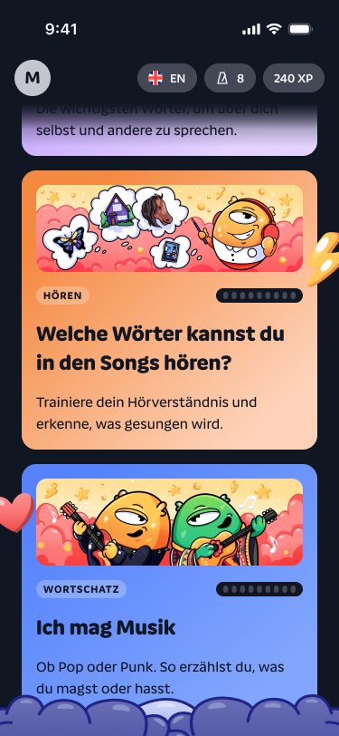 Hören-Lektion auf der Karriereseite im dunklen Modus