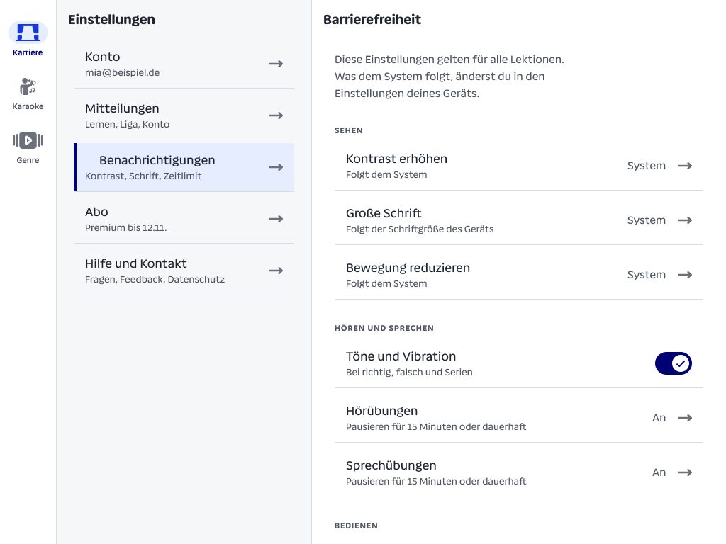 Tablet-Vorlage der Einstellungen mit Seitennavigation, Liste und Detailansicht