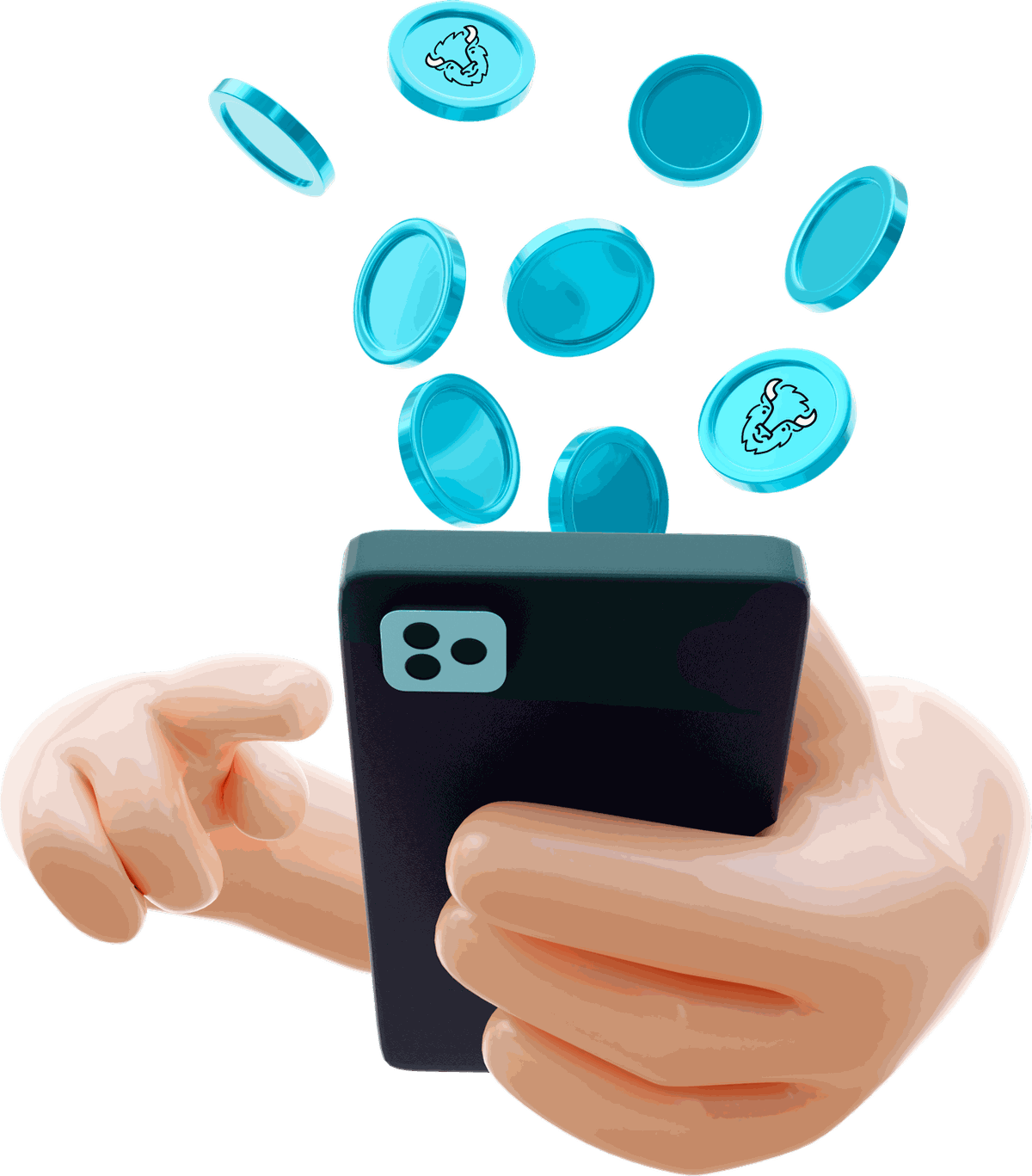 3D-Illustration: Hand mit Smartphone und BISON Coins