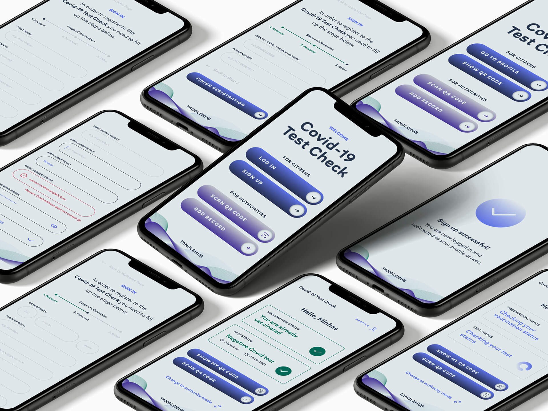 Mehrere Smartphones mit Screens der Covid-19 Test Check App