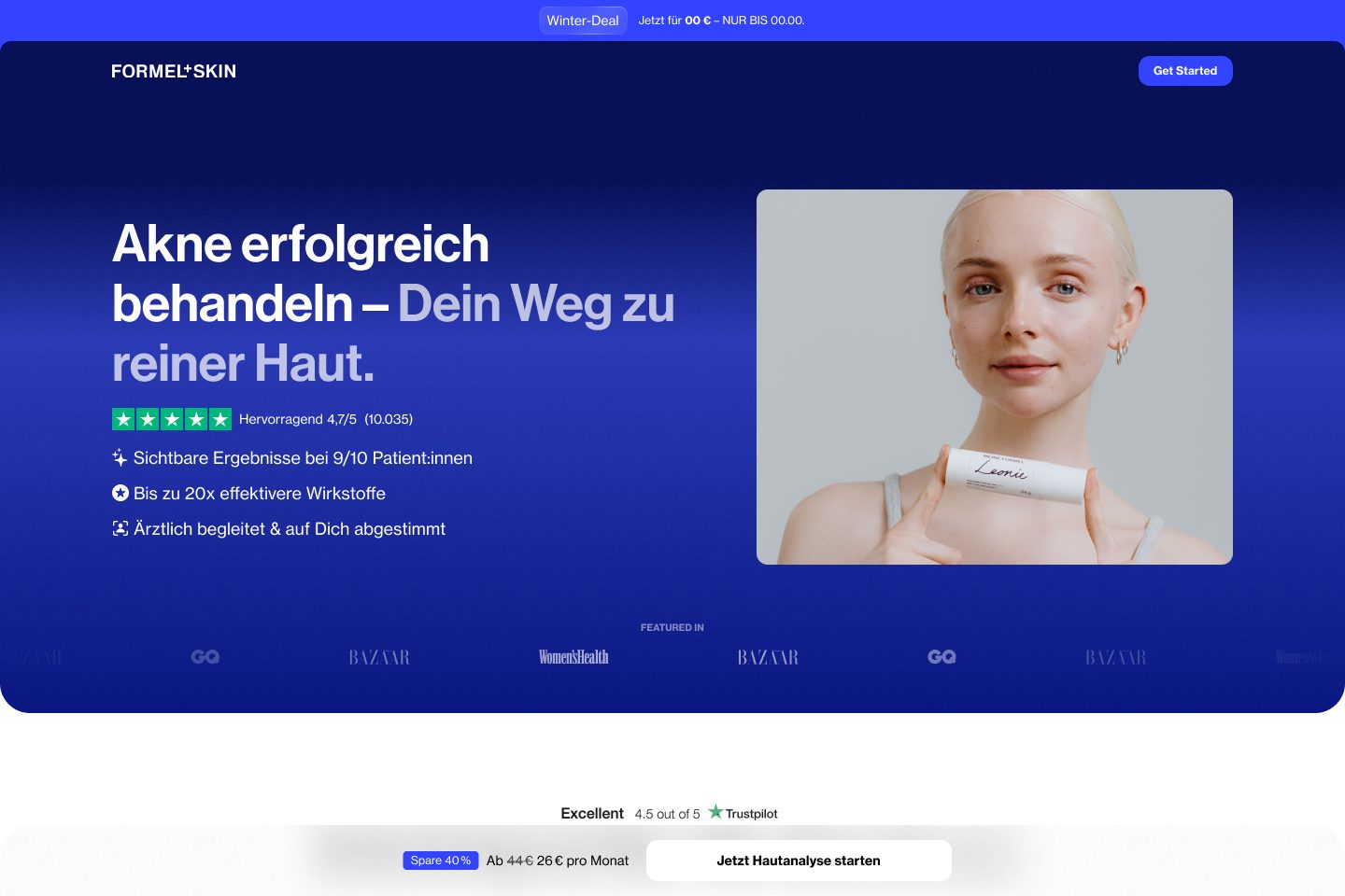 Akne-Landingpage Desktop mit Headline, Trustpilot-Bewertung, drei Vorteilen und Porträt