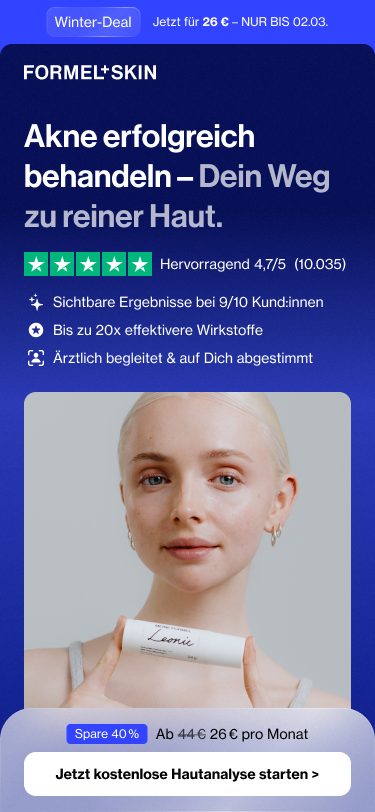 Akne-Landingpage mobil mit Trustpilot-Bewertung, Vorteilen und fixierter Preisleiste