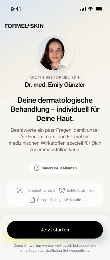 Start des medizinischen Fragebogens mit Porträt der Ärztin und Zeitangabe