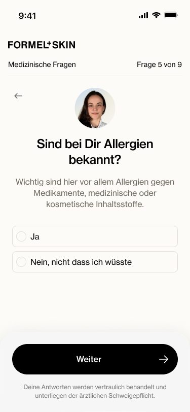Medizinische Frage mit Kapitelanzeige Frage 5 von 9 und Ärztinnen-Porträt