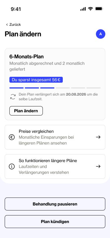 Planübersicht im Kundenkonto mit Laufzeit, Ersparnis und Optionen