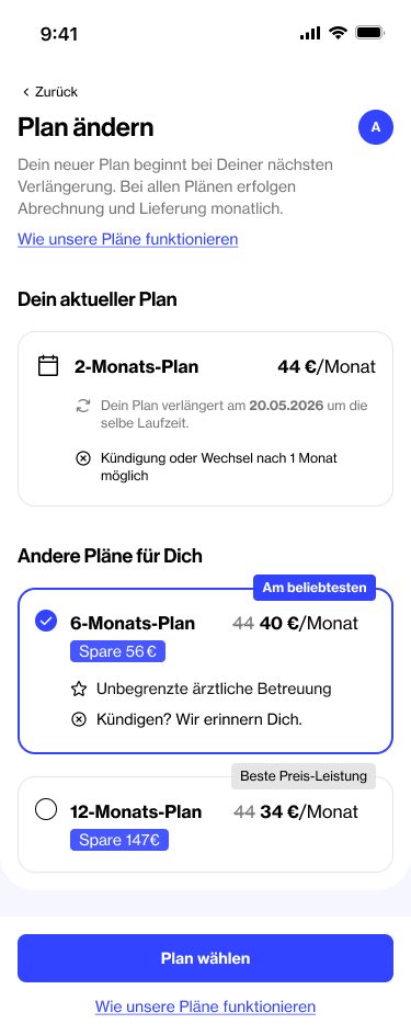 Planwechsel: aktueller 2-Monats-Plan und längere Pläne mit Ersparnis