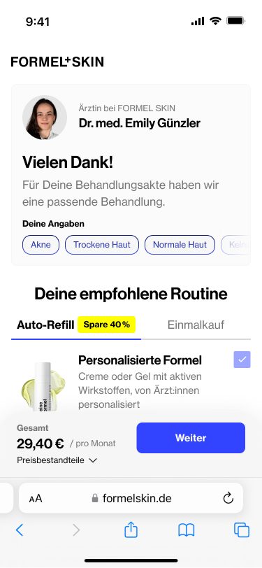 Variante: Danke, Angaben als Chips und empfohlene Routine auf einem Screen