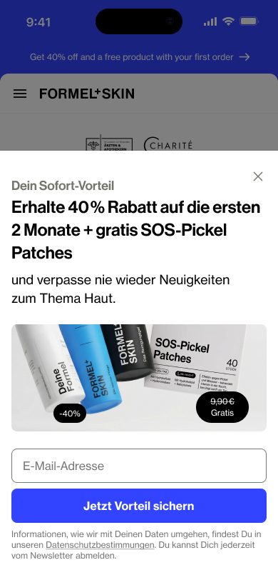 Newsletter-Pop-up der TikTok-Kampagne mit Rabatt und gratis Pickel-Patches