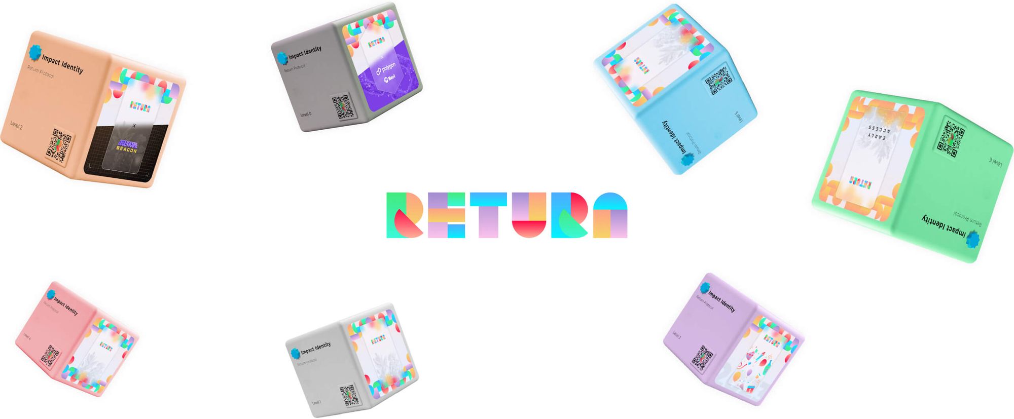 Logo Return zwischen schwebenden Impact-Identity-Würfeln in Pastellfarben