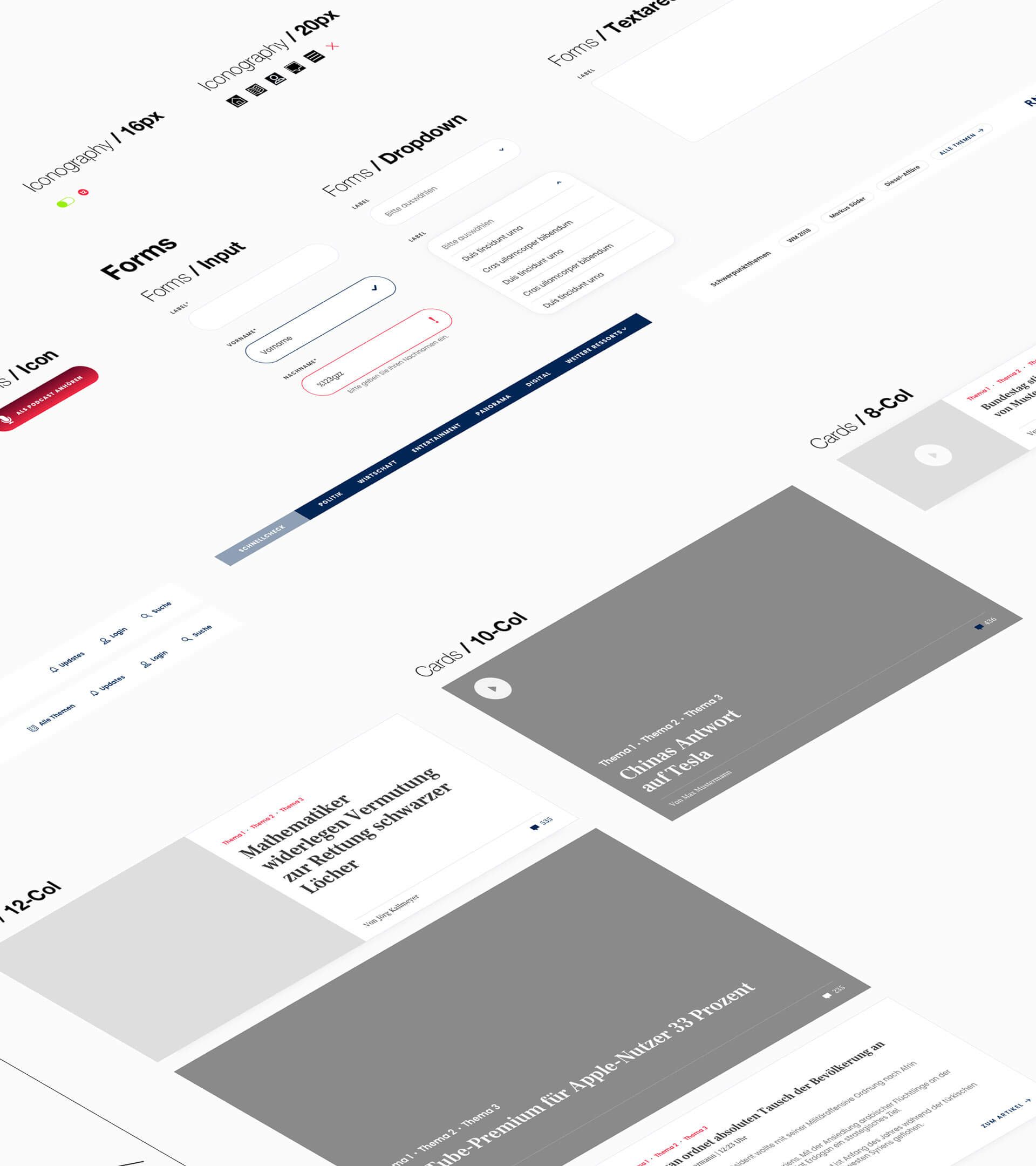 Auszug aus der Pattern Library mit Icons, Formularen und Kartenrastern