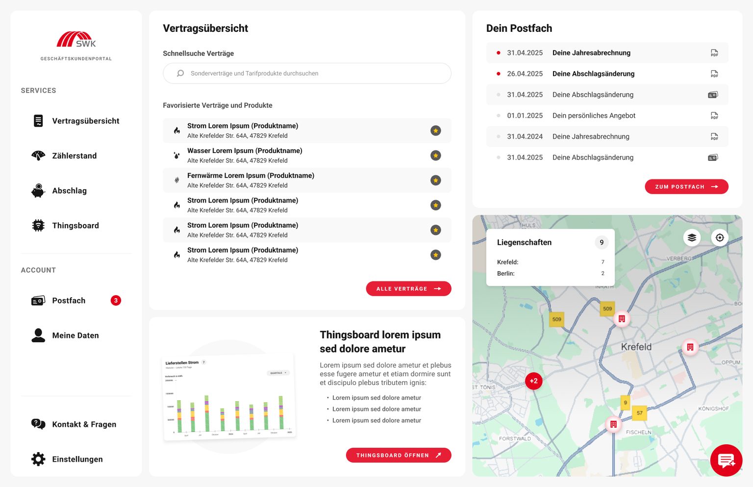 Konzeptstand des Dashboards mit Vertragsfavoriten, Postfach und Liegenschaftskarte