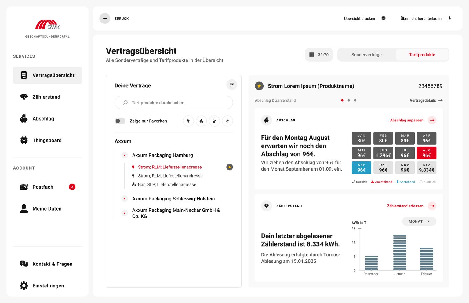 Konzeptstand der Vertragsübersicht mit Umschalter Sonderverträge und Tarifprodukte