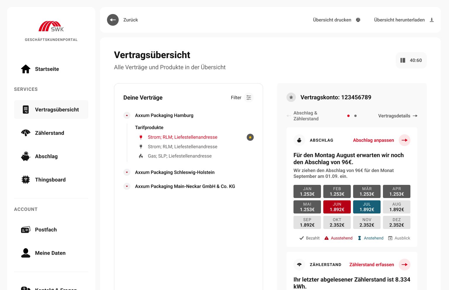 Umgesetzte Vertragsübersicht mit Vertragsbaum je Unterfirma und Abschlagskalender