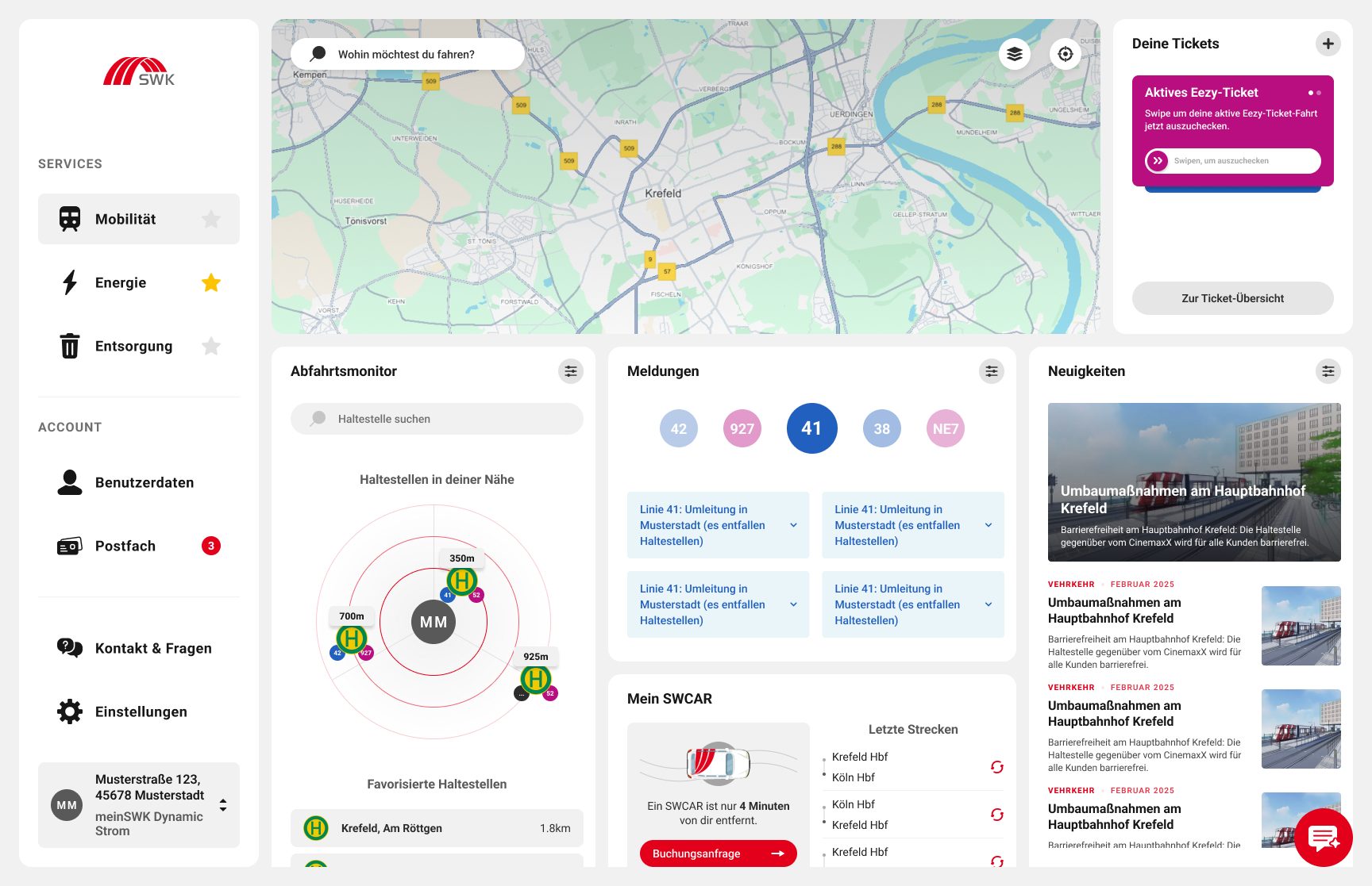 Konzept Mobilität mit Karte, eezy-Ticket, Abfahrtsmonitor und Meldungen