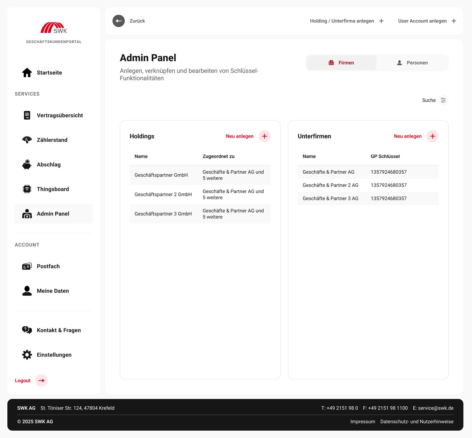Admin Panel mit Holdings und Unterfirmen