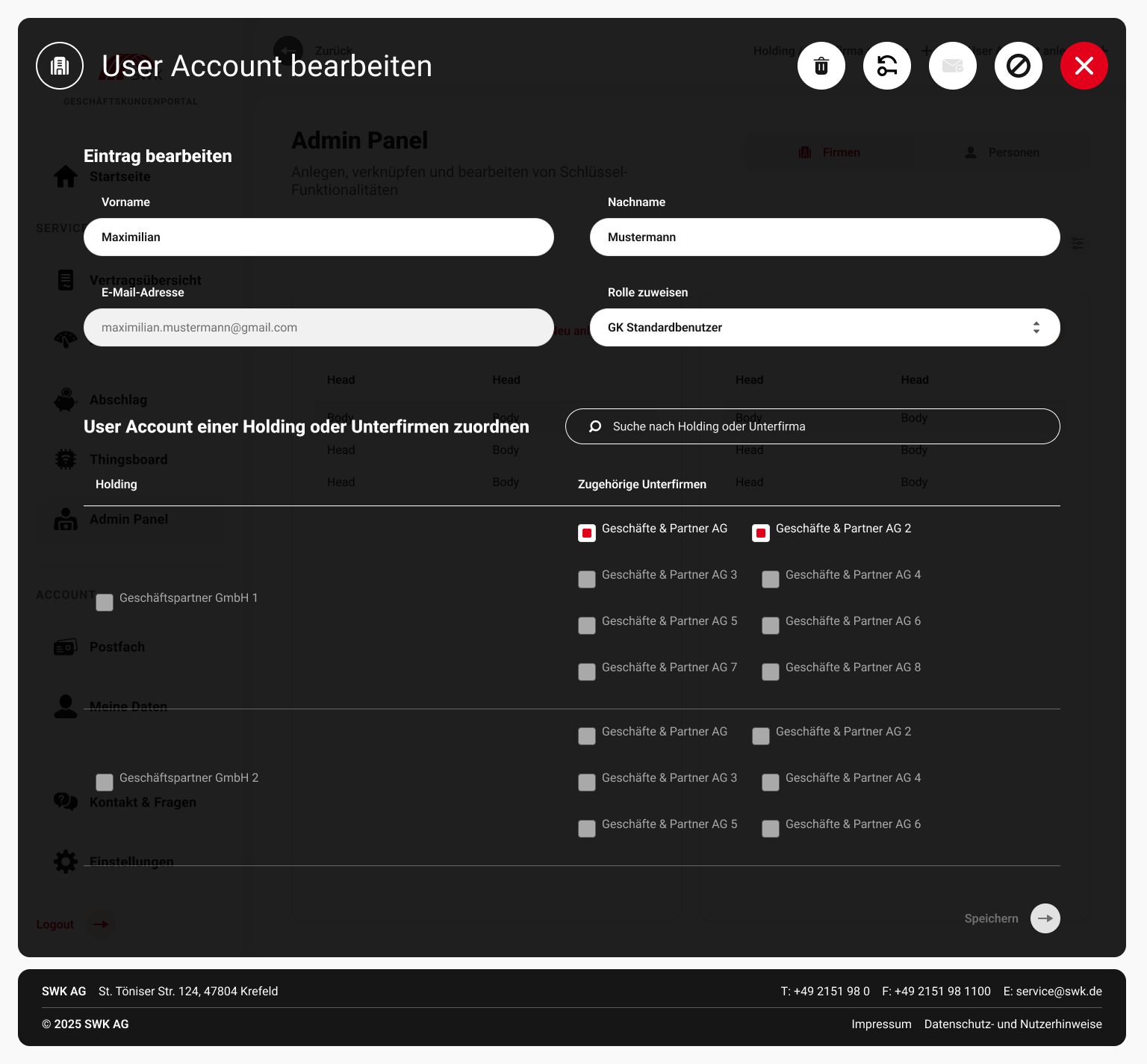 User Account bearbeiten mit Rollenzuweisung und Zuordnung zu Unterfirmen