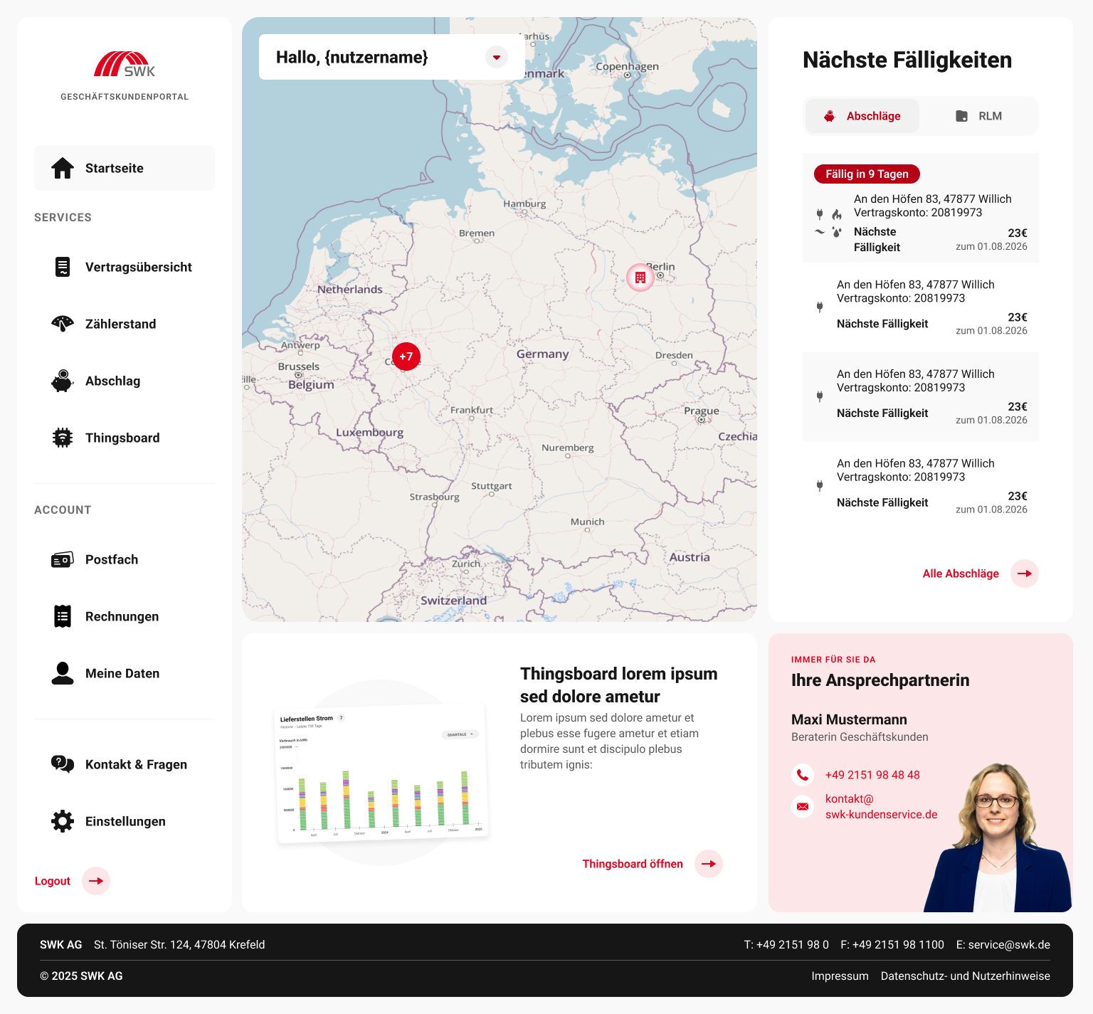 Startseite des SWK Geschäftskundenportals mit Liegenschaftskarte, nächsten Fälligkeiten und Ansprechpartnerin